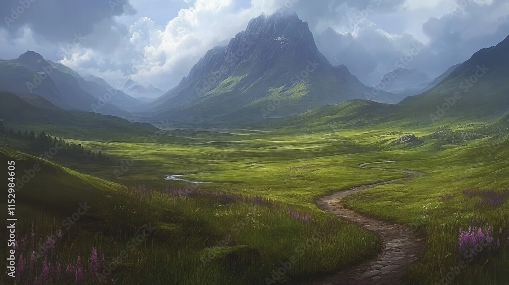 Fototapeta premium Serene Highland Valley Path Winding Through Green Meadows