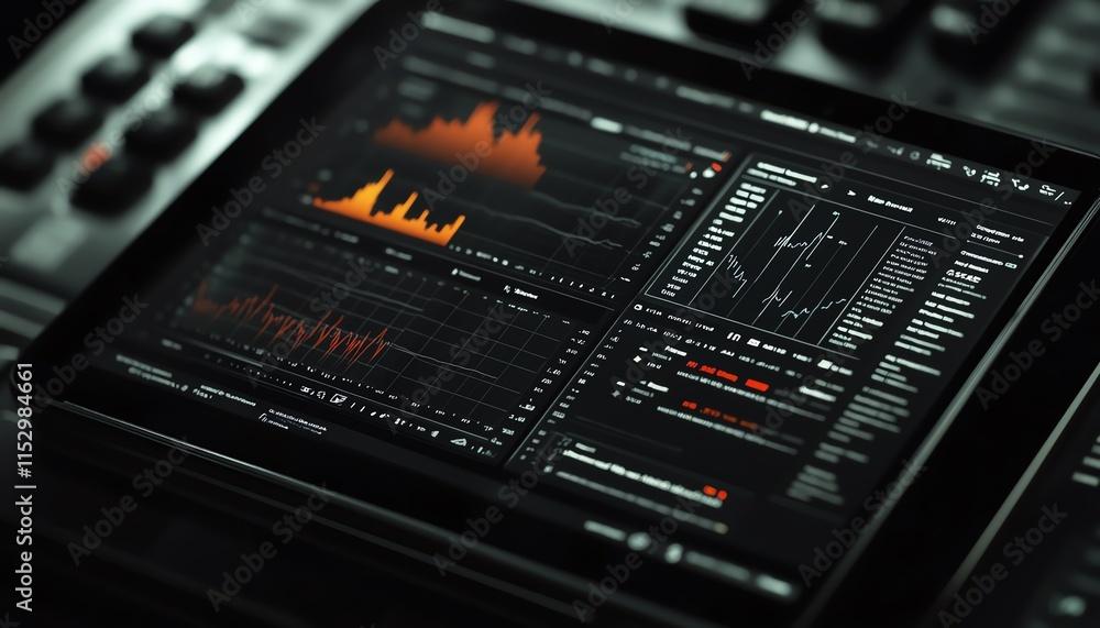 Stock market data on a tablet screen, showcasing realtime trading graphs, market analysis, and digital exchange charts, sleek and professional design Stock market data on a tablet screen, showcasing realtime trading graphs, market analysis, and digital exchange charts, sleek and professional design