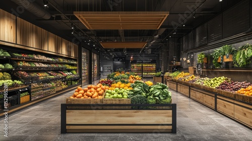 Fresh and Colorful Produce in a Modern Grocery Store Interior with Abundant Choices of Fruits and Vegetables Displayed Neatly in Wooden Bins