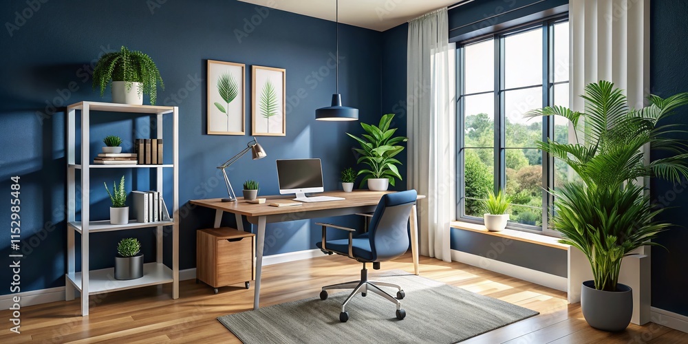 Aerial View: Modern Home Office, Navy Blue Walls, Minimalist Design Aerial View: Modern Home Office, Navy Blue Walls, Minimalist Design