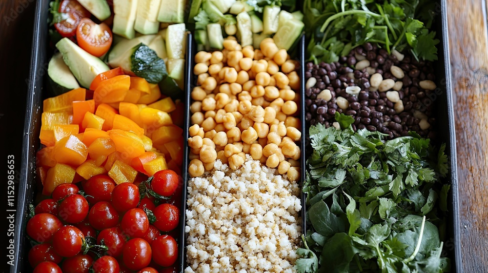 Fototapeta premium Fresh and Colorful Ingredients in a Divided Tray Showcasing a Healthy Selection of Vegetables, Grains, and Legumes for Nutrient-Rich Meals and Salads
