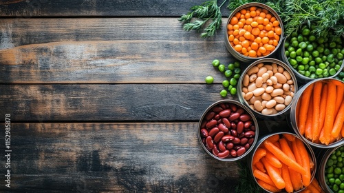 Colorful Assortment of Canned Vegetables and Legumes on Rustic Wooden Background for Creative Cooking and Healthy Meal Ideas