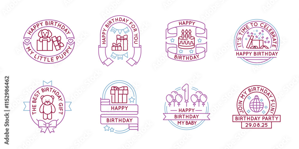 Obraz premium Happy Birthday celebration logos, labels, icons. A set of 8 birthday logotypes. Birthday Party, Birthday Gift Cake, Balls. Ideal for greeting cards, party invitations, events. Vector illustration.