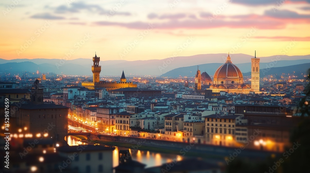 Fototapeta premium A scenic view of Florence at sunset, showcasing historic architecture and vibrant city lights.