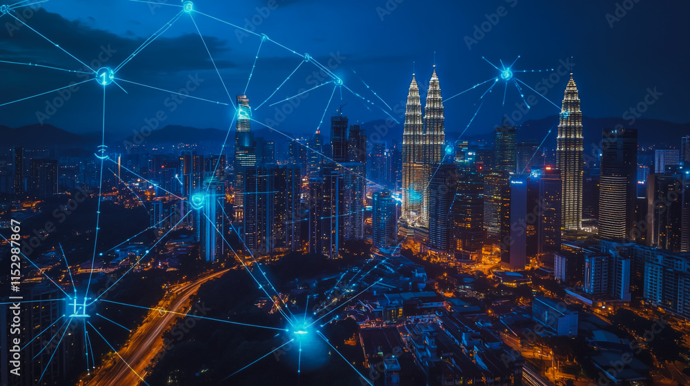 Fototapeta premium Smart digital city with connection cyber security network reciprocity over the cityscape . future smart wireless digital city and social media networking systems that connects people within the city