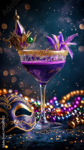 Mysterious Mardi Gras Cocktail with Purple Glitter and Mask photo