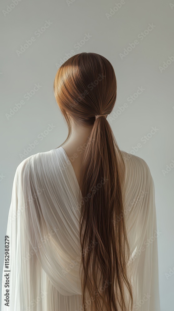 Fototapeta premium Beautiful model girl with Brown hair strand,silky healthy chestnut wavy hair strand isolated on white background,hair wavy ribbon, with smooth texture,vibrant shine,brunette hairpiece, hairy ribbon.