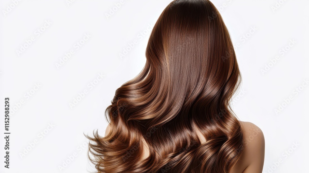 Naklejka premium Beautiful model girl with Brown hair strand,silky healthy chestnut wavy hair strand isolated on white background,hair wavy ribbon, with smooth texture,vibrant shine,brunette hairpiece, hairy ribbon.