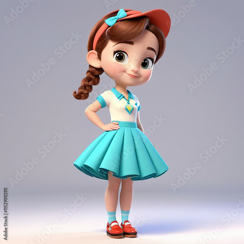 girl wearing a sun visor hat and beautiful red skirt with a polka dot flower with white background whimsical cartoon style