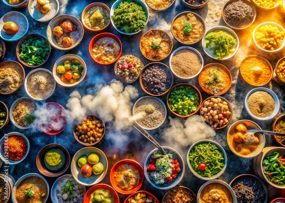 Fototapeta premium Aerial View of Colorful Noodle Soup Bowls, Street Food Market