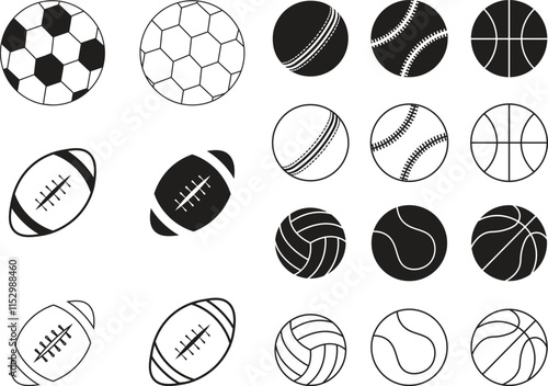 Baseball, Basketball, Cricket Ball, football, Rugby ball, and Voleyball icon set. line and glyph version vector sport game pictogram collection isolated on transparent background design leather ball