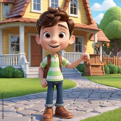 A boy wearing an orange shirt  posing thumb up at a house at his Back with a tree and cloud  whimsical cartoon style 
