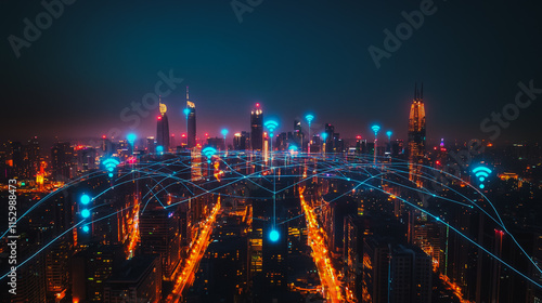 Wallpaper Mural Smart digital city with connection cyber security network reciprocity over the cityscape . future smart wireless digital city and social media networking systems that connects people within the city Torontodigital.ca
