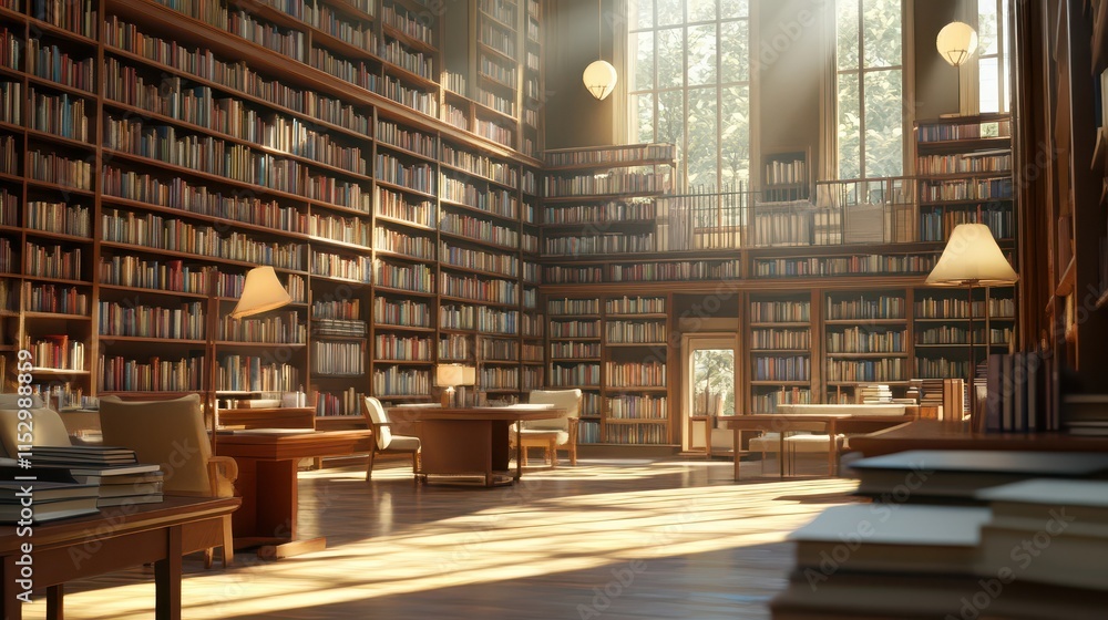 Modern library or bookstore interior with Learning and coworking space,relax zone,Library with rows of bookshelves arranged,school,university,shared desk and chairs,panoramic window. Modern library or bookstore interior with Learning and coworking space,relax zone,Library with rows of bookshelves arranged,school,university,shared desk and chairs,panoramic window.
