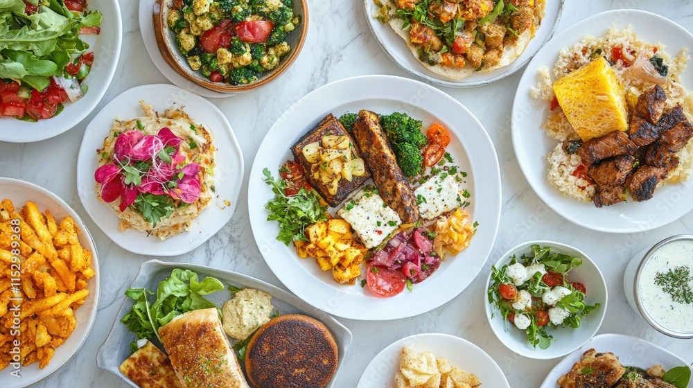 Colorful Array of Delicious Dishes Displayed on a Marble Table Featuring Rice, Vegetables, Proteins, and Fresh Salads in an Artful Presentation Colorful Array of Delicious Dishes Displayed on a Marble Table Featuring Rice, Vegetables, Proteins, and Fresh Salads in an Artful Presentation