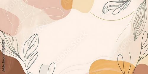 Abstract art background with neutral earth tones and minimalist line art leaves.