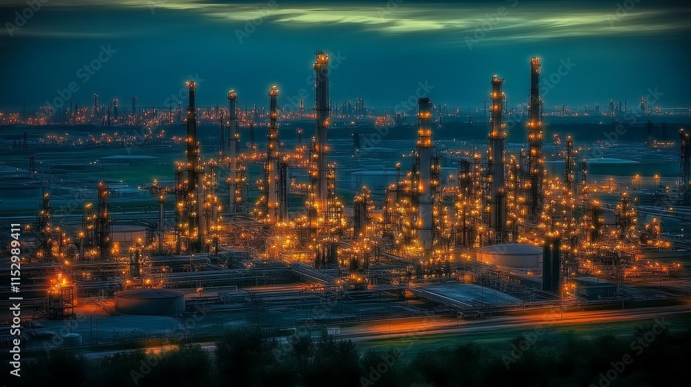 Night view of illuminated refinery complex. Night view of illuminated refinery complex.