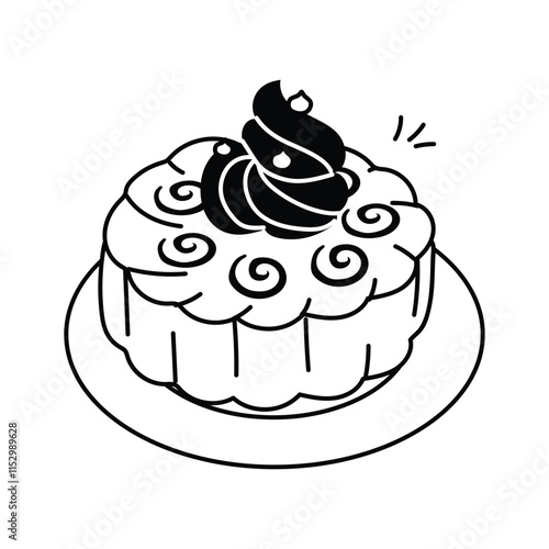 Black and white line art graphic depicts a traditional moon cake, a popular Asian dessert