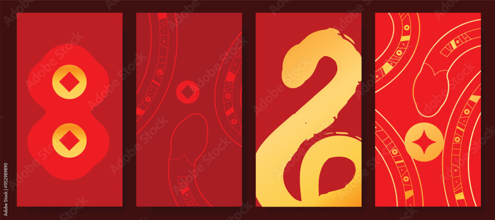 Fototapeta premium Chinese New Year 2025 hongbao red envelope design vector. Collection of Chinese festival with peony flower, butterfly, pattern. Elegant oriental illustration for angpao, cover, website, calendar, ads.