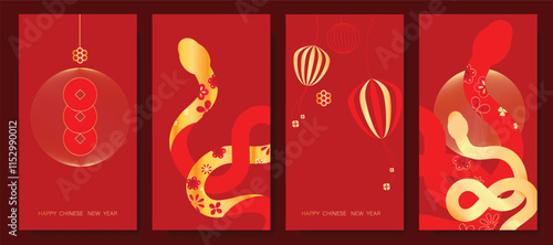 Chinese New Year 2025 hongbao red envelope design vector. Collection of Chinese festival with peony flower, butterfly, pattern. Elegant oriental illustration for angpao, cover, website, calendar, ads.