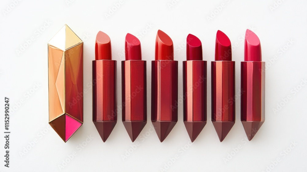 A luxurious layout of seven lipsticks in red and rose hues, their golden accents forming a geometric arrangement on white