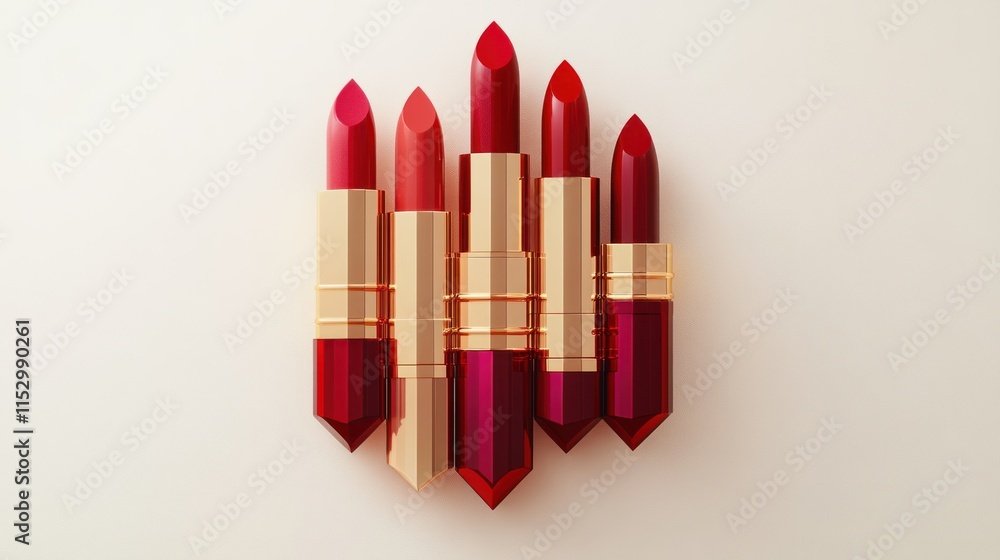 Obraz premium A luxurious layout of seven lipsticks in red and rose hues, their golden accents forming a geometric arrangement on white