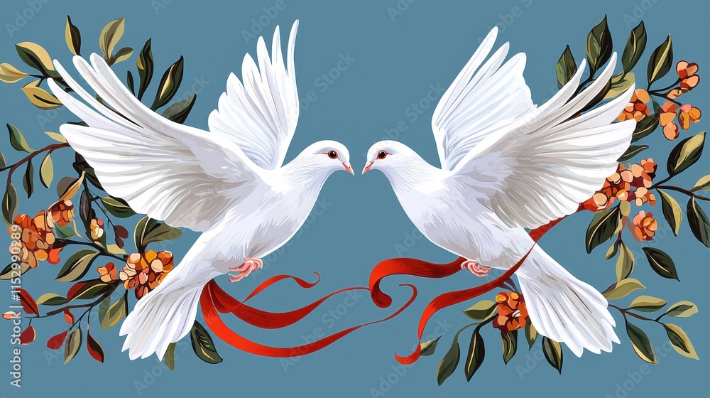 Obraz premium Pair of Graceful White Doves Perched on Autumn Foliage with Berries