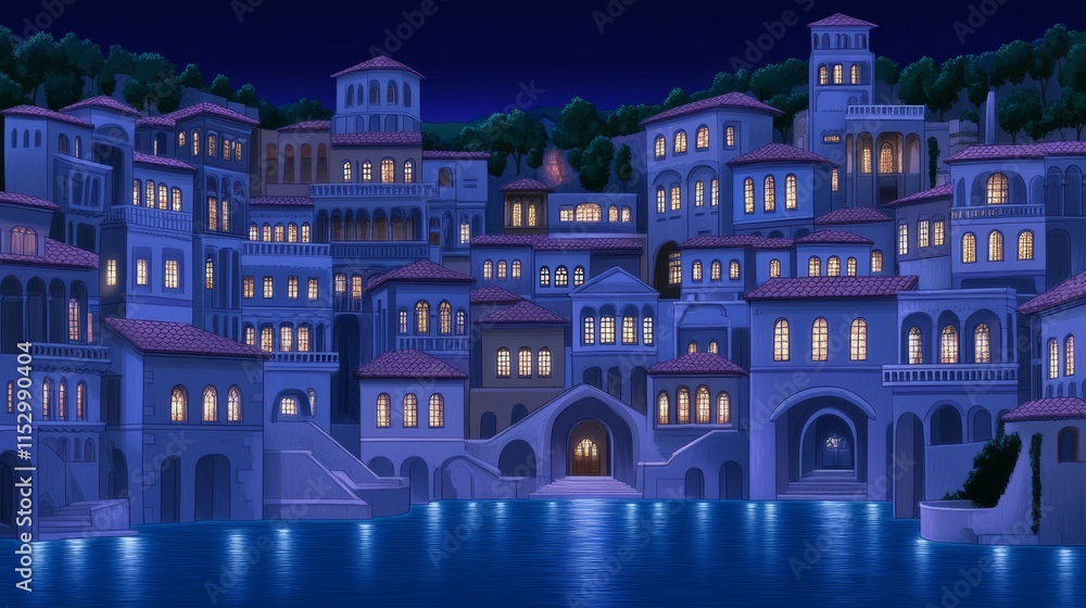 Obraz premium Serene Nightfall Over Mediterranean Coastal Town