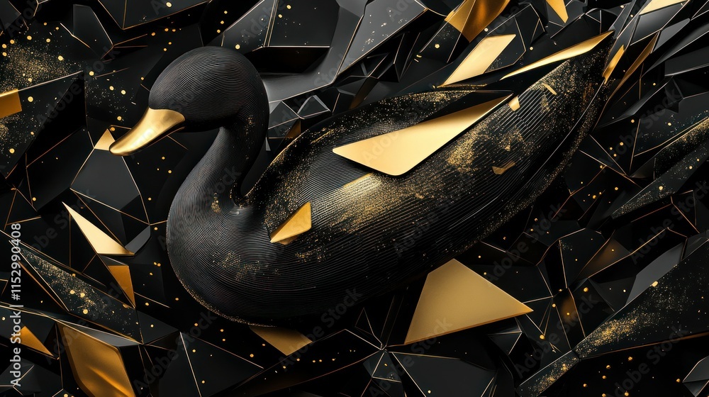 A surreal black and gold duck form with smooth 3D edges, floating amidst Memphis-inspired triangles and dynamic lines
