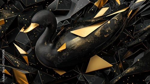 Obraz na płótnie A surreal black and gold duck form with smooth 3D edges, floating amidst Memphis-inspired triangles and dynamic lines w salonie