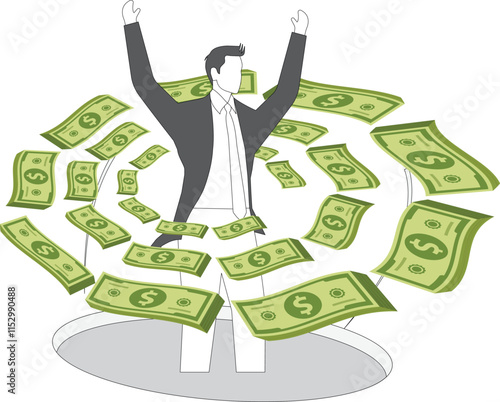 Money rains, financial freedom is achieved, money is made, lucrative income, salary or profit is earned, wealth is accumulated, happy businessmen are surrounded by encircling banknotes