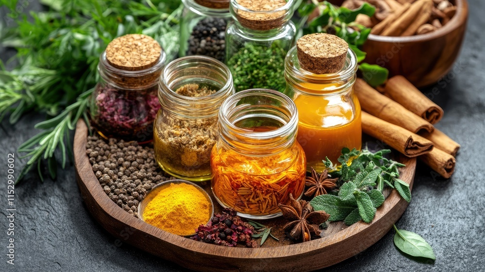Assorted Spices and Herbs in Glass Jars on Wooden Serving Tray Surrounded by Fresh Ingredients and Natural Decor for Culinary and Cooking Inspiration Assorted Spices and Herbs in Glass Jars on Wooden Serving Tray Surrounded by Fresh Ingredients and Natural Decor for Culinary and Cooking Inspiration