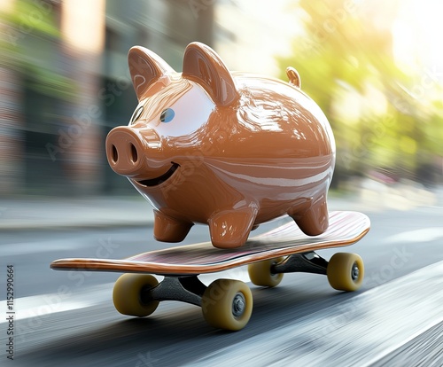 A charming brown piggy bank rides a skateboard, blending fun and finance in a playful, vibrant scene filled with motion and light. Turbo Savings, Money on the Move photo