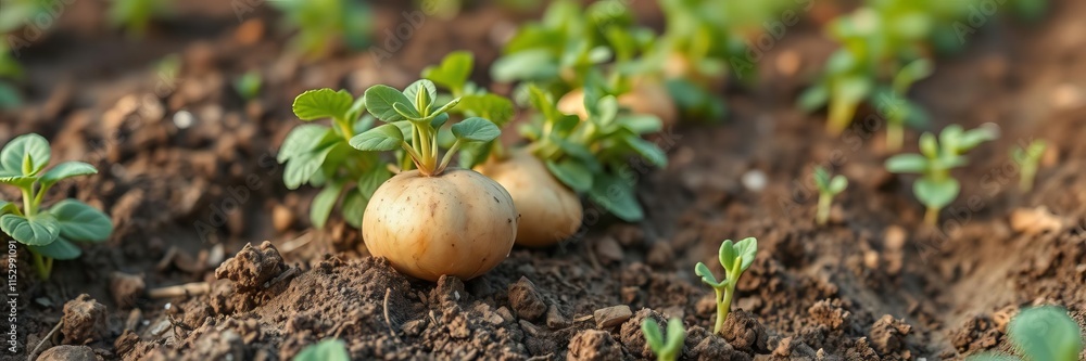 Fresh, green shoots on a field of potatoes spell out the word Fresh, green shoots on a field of potatoes spell out the word