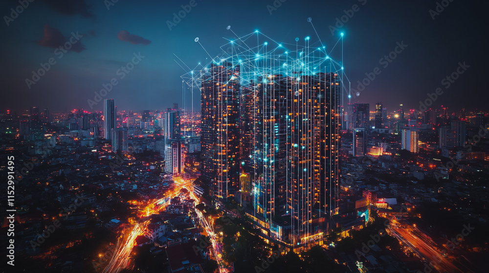 Smart digital city with connection cyber security network reciprocity over the cityscape . future smart wireless digital city and social media networking systems that connects people within the city Smart digital city with connection cyber security network reciprocity over the cityscape . future smart wireless digital city and social media networking systems that connects people within the city