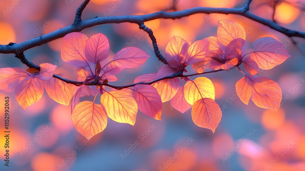 Illuminated autumn leaves on a branch at sunset Illuminated autumn leaves on a branch at sunset