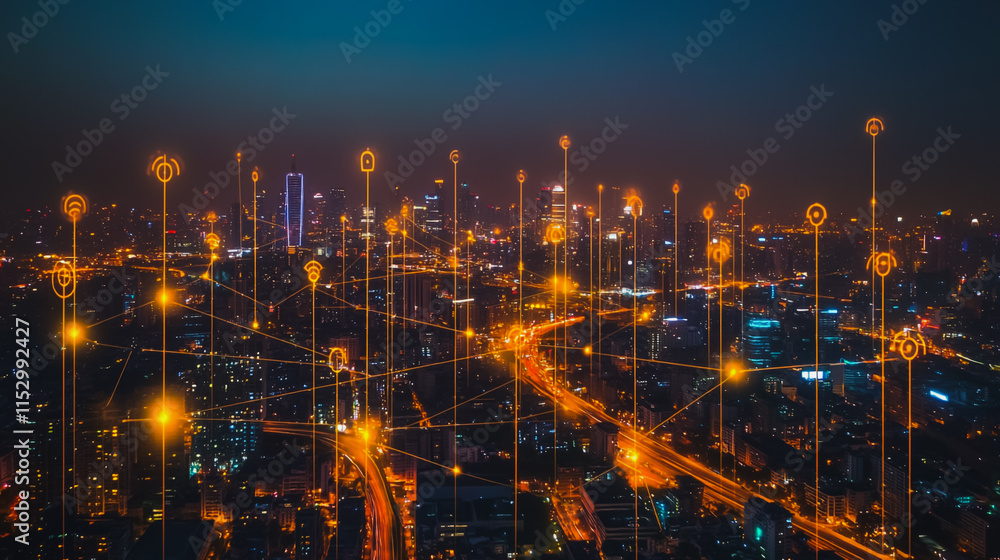 Naklejka premium Smart digital city with connection cyber security network reciprocity over the cityscape . future smart wireless digital city and social media networking systems that connects people within the city