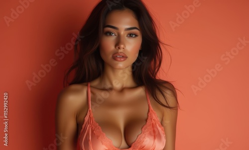 Confident woman in coral lingerie portrait photo