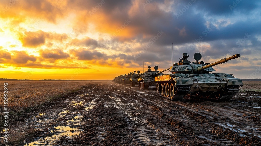 Fototapeta premium Powerful Military Tank Advancing in Dramatic Sunset Landscape