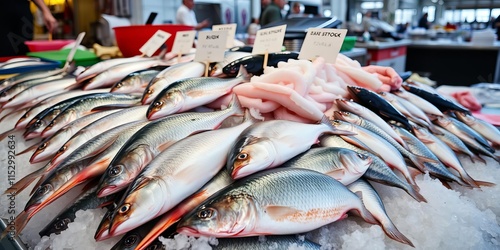 Freshly caught fish displayed on ice at a sea market in Wellington, New Zealand, outdoor, local photo