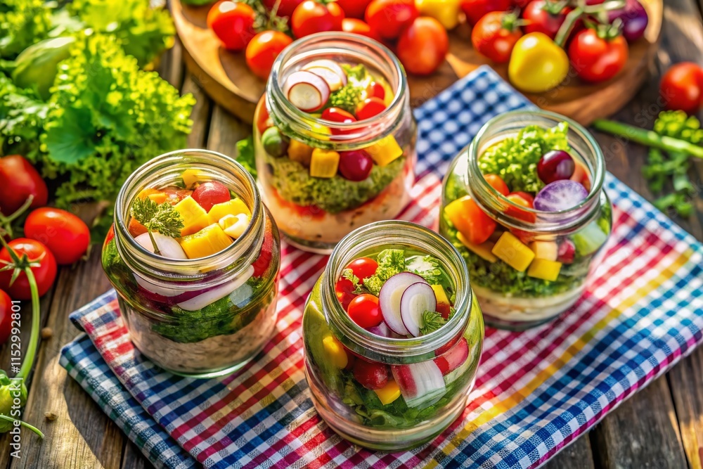 Aerial View of Layered Salad Jars - Healthy Meal Prep Aerial View of Layered Salad Jars - Healthy Meal Prep