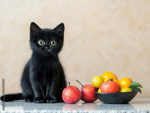 A black kitten with wide, curious eyes sitting next to a bowl of fruit on a spotless marble counter, reflections creating a glossy effect, ultrarealistic render photo