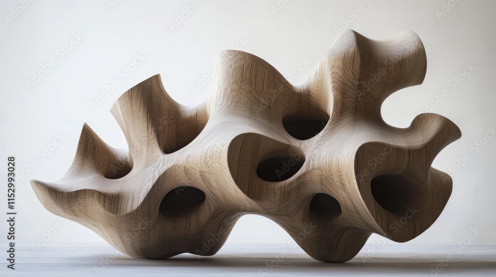 A sculptural wooden form with organic shapes and hollow spaces, showcasing craftsmanship. A sculptural wooden form with organic shapes and hollow spaces, showcasing craftsmanship.