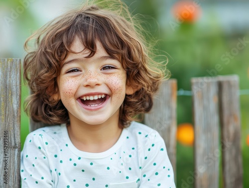 A child laughing with wideopen eyes, freckles illuminated by soft daylight, frontfacing, playful and carefree ambiance photo