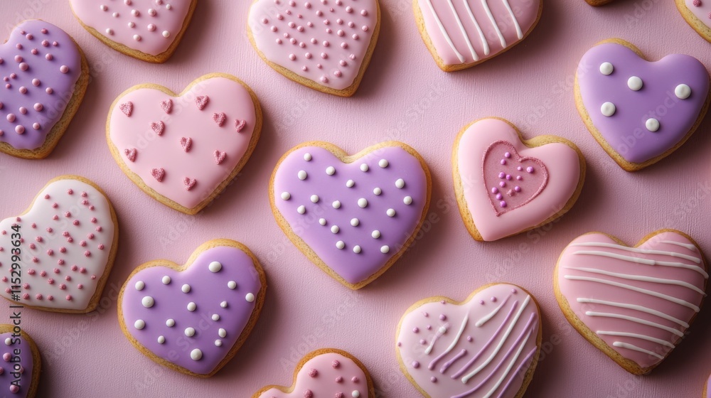Fototapeta premium Valentine's Day cookies. Happy mother's day. A variety of heart-shaped cookies decorated. Pink Heart Shaped Cookie. Beautiful Cookie. Perfect cookie for celebrations. Valentine's background