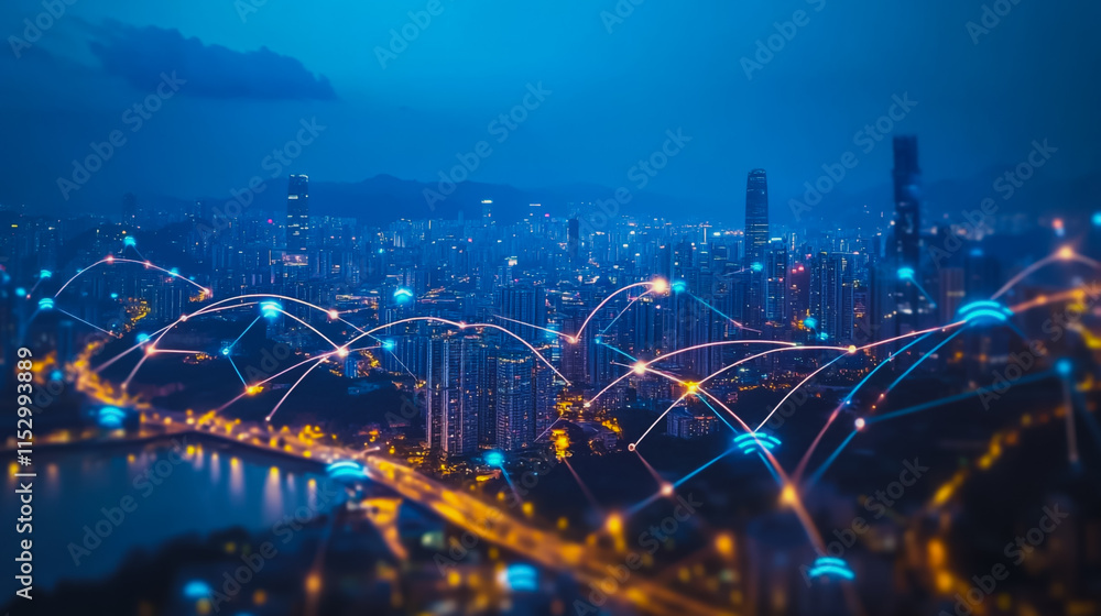 Obraz premium Smart digital city with connection cyber security network reciprocity over the cityscape . future smart wireless digital city and social media networking systems that connects people within the city