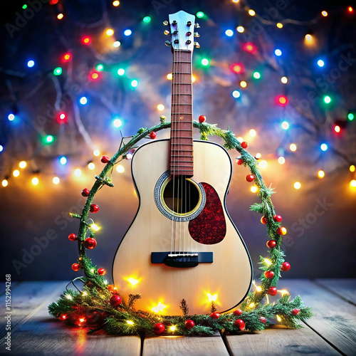 A festive Merry Christmas scene featuring a guitar wrapped