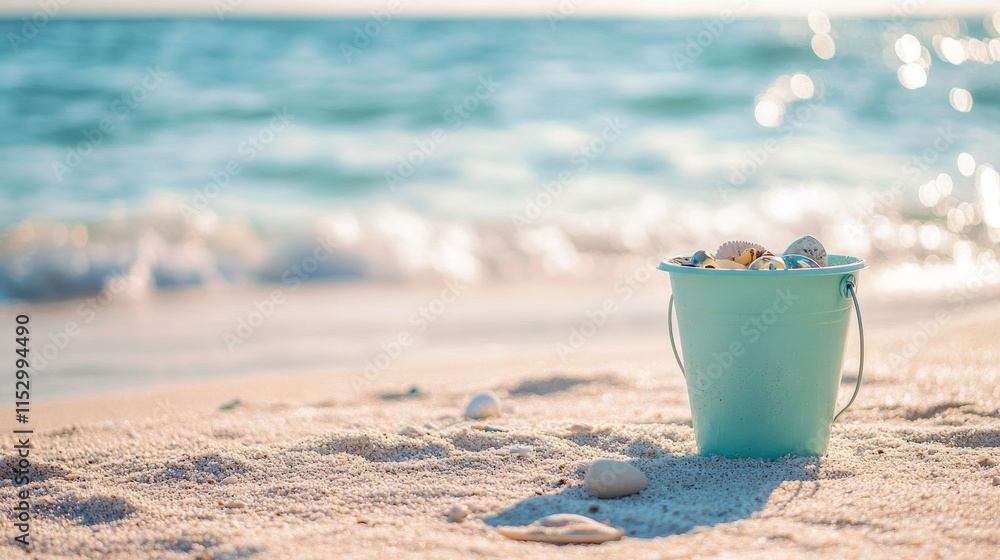 A pristine beachcombing setup with a bucket and beach finds neatly placed on the sand, A sunny beachfront with gentle waves and soft sand, Minimalist leisure style A pristine beachcombing setup with a bucket and beach finds neatly placed on the sand, A sunny beachfront with gentle waves and soft sand, Minimalist leisure style
