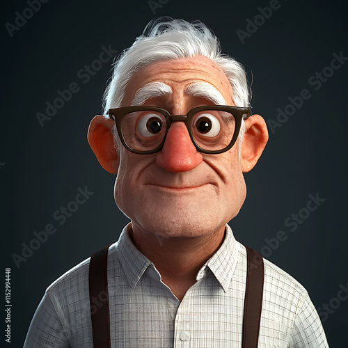 A Charming Portrait of a Cartoon Elderly Gentleman with Glasses,  Depicting Age and Wisdom with a Playful, Whimsical Style photo