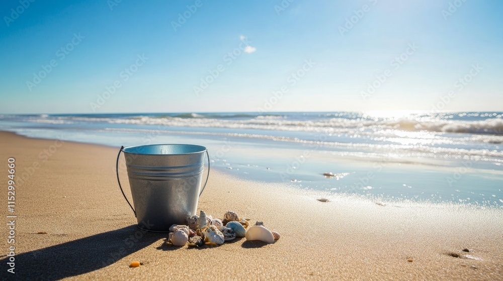A pristine beachcombing setup with a bucket and beach finds neatly placed on the sand, A sunny beachfront with gentle waves and soft sand, Minimalist leisure style A pristine beachcombing setup with a bucket and beach finds neatly placed on the sand, A sunny beachfront with gentle waves and soft sand, Minimalist leisure style